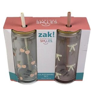 Zak Everyday Smiles 20oz Glassware Set 2pk Cherry Bow Bamboo Lids Straws NEW